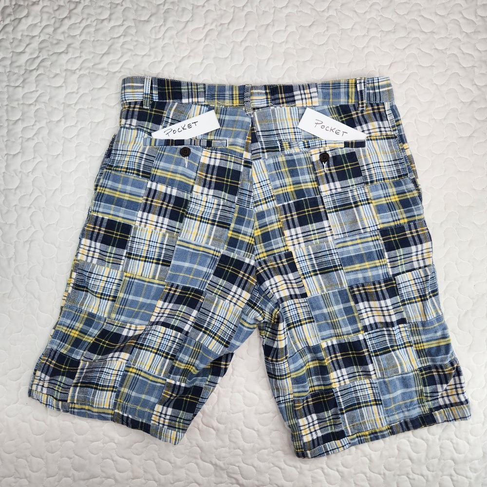 36 Blue Madras Plaid Patchwork Shorts Roundtree & Yorke Nautical Club Vacation M